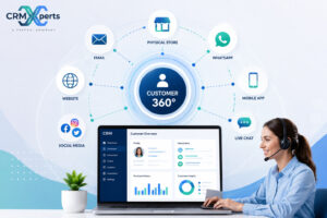 Omnichannel retail CRM dashboard showing 360-degree customer management with website, email, social media, WhatsApp, mobile app, live chat, and physical store integration.